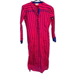 Vintage Blue Pink Striped Caftan Style Dress 70’s Boho Side Slits Button Up